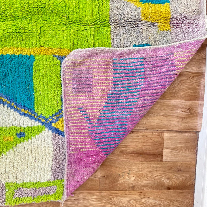Vintage Moroccan Wool Rug 167 – handmade geometric wool rug in teal, yellow, and lilac tones (245 × 159 cm).