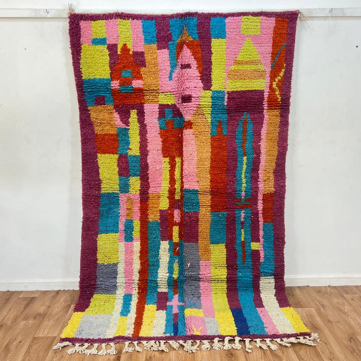 Vintage Moroccan Wool Rug 188 – handmade colorful abstract Berber wool rug with magenta, yellow, and turquoise tones (243 × 148 cm).