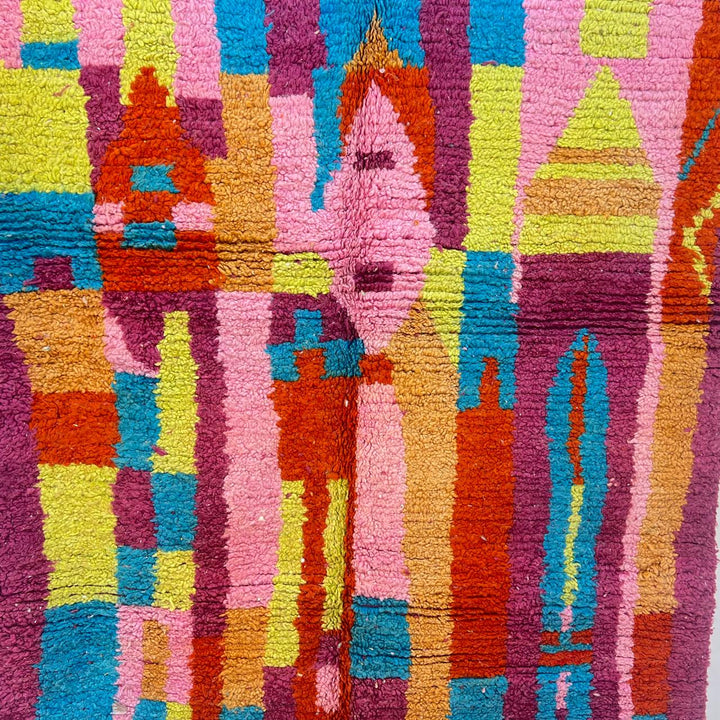 Vintage Moroccan Wool Rug 188 – handmade colorful abstract Berber wool rug with magenta, yellow, and turquoise tones (243 × 148 cm).