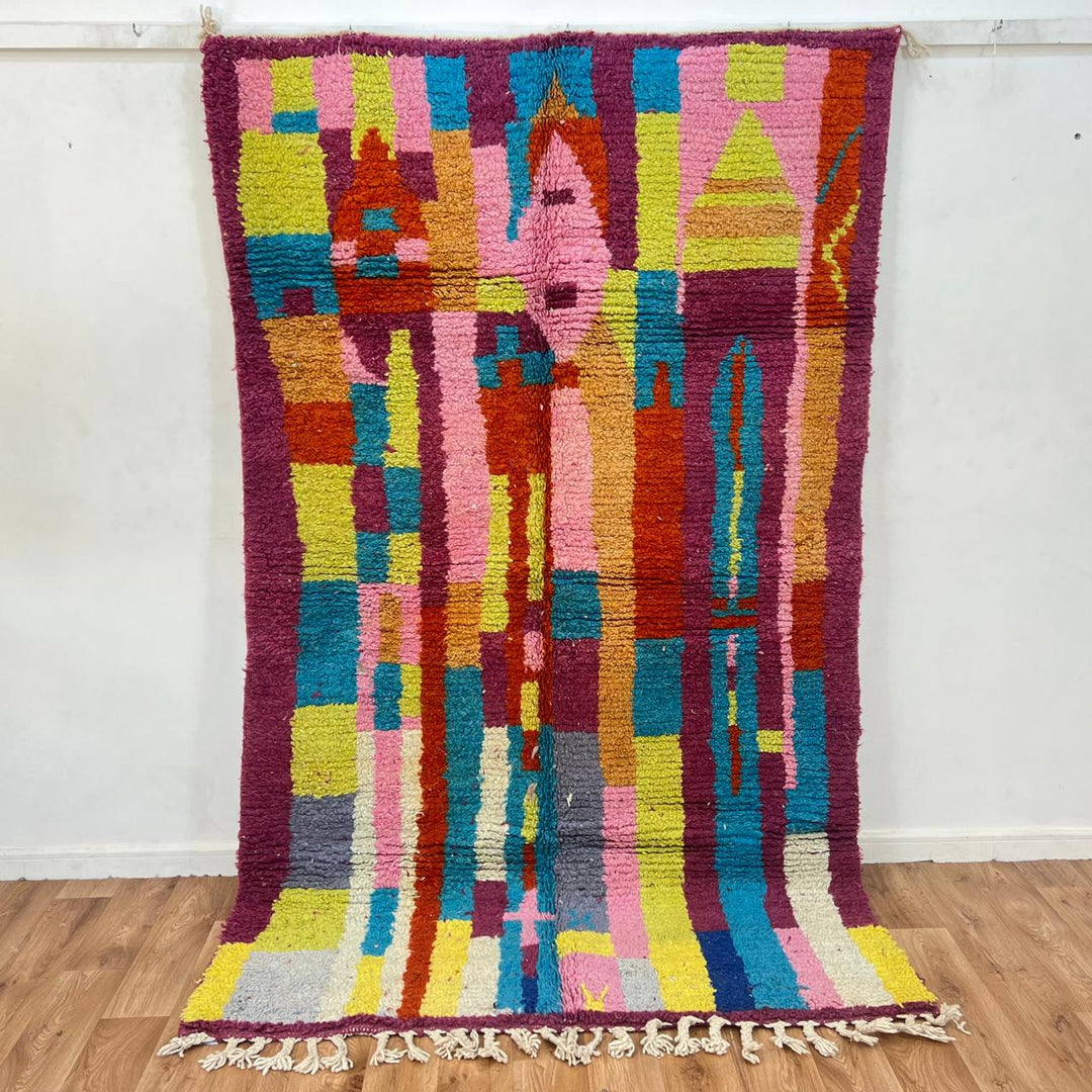 Vintage Moroccan Wool Rug 188 – handmade colorful abstract Berber wool rug with magenta, yellow, and turquoise tones (243 × 148 cm).