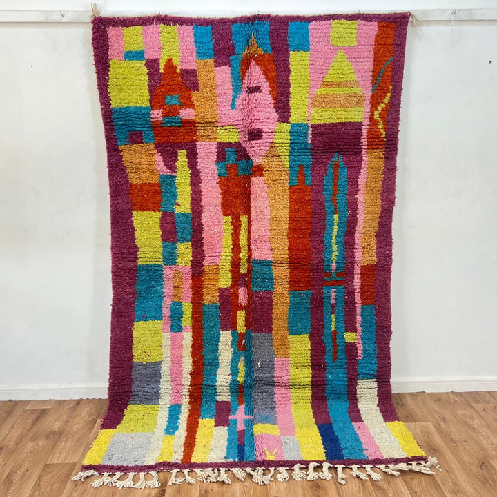 Vintage Moroccan Wool Rug 188 – handmade colorful abstract Berber wool rug with magenta, yellow, and turquoise tones (243 × 148 cm).