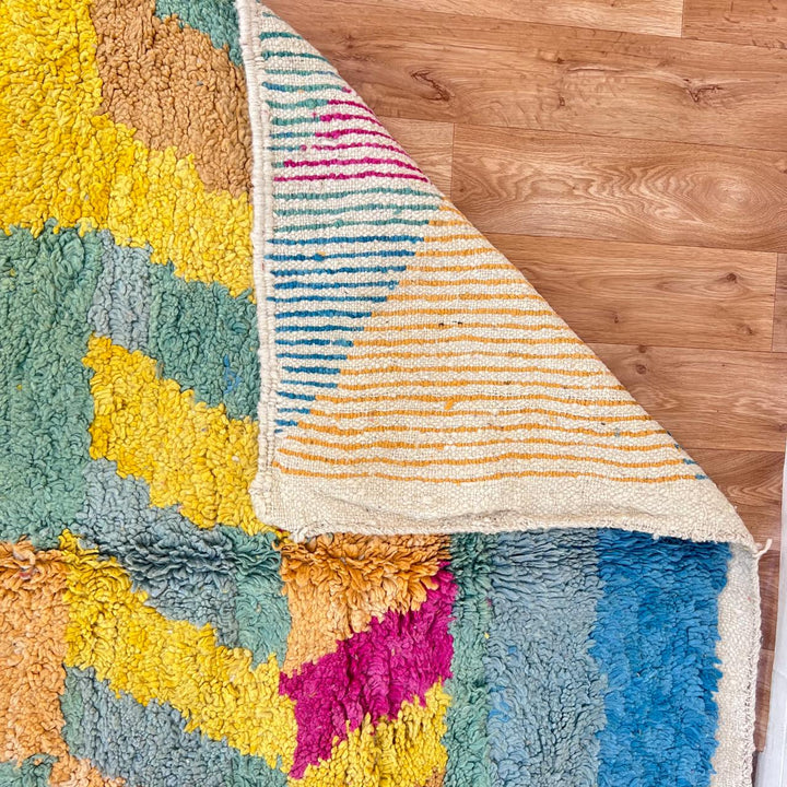 Vintage Moroccan Wool Rug 163 – handmade yellow, teal, and orange geometric Moroccan wool rug (253 × 152 cm).