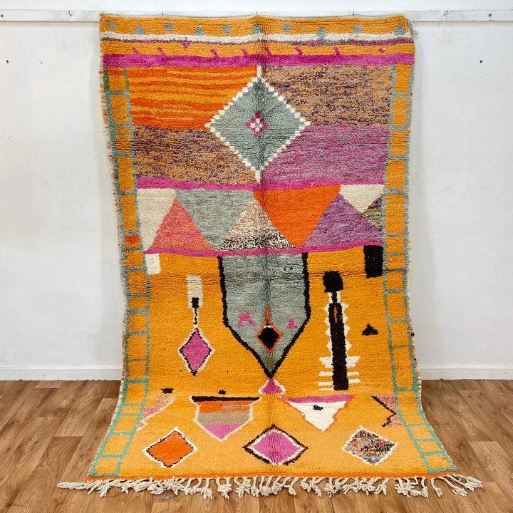 Vintage Moroccan Wool Rug 196 – handmade colorful orange, pink, and grey Berber wool rug (262 × 161 cm).