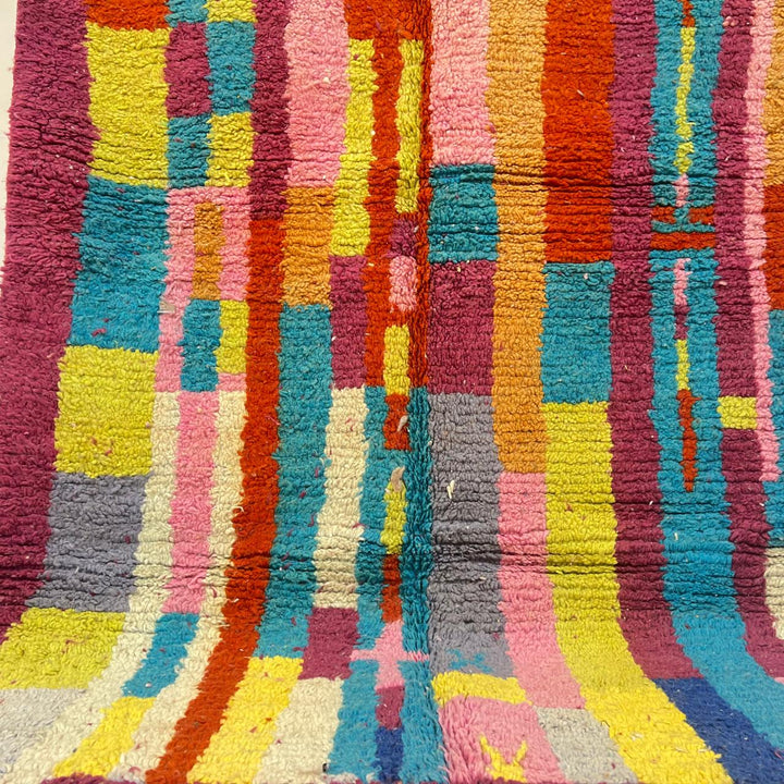 Vintage Moroccan Wool Rug 188 – handmade colorful abstract Berber wool rug with magenta, yellow, and turquoise tones (243 × 148 cm).