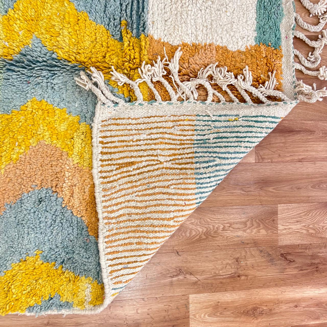 Vintage Moroccan Wool Rug 163 – handmade yellow, teal, and orange geometric Moroccan wool rug (253 × 152 cm).