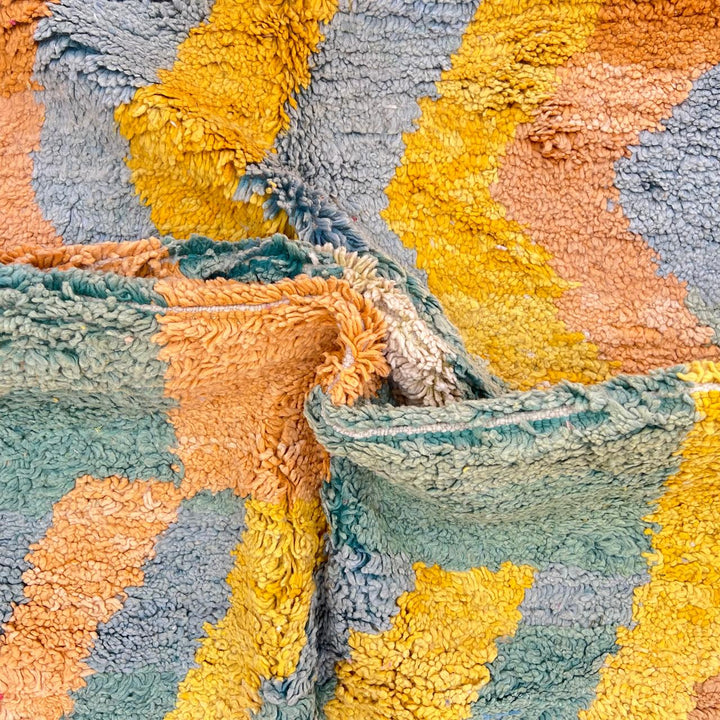 Vintage Moroccan Wool Rug 163 – handmade yellow, teal, and orange geometric Moroccan wool rug (253 × 152 cm).