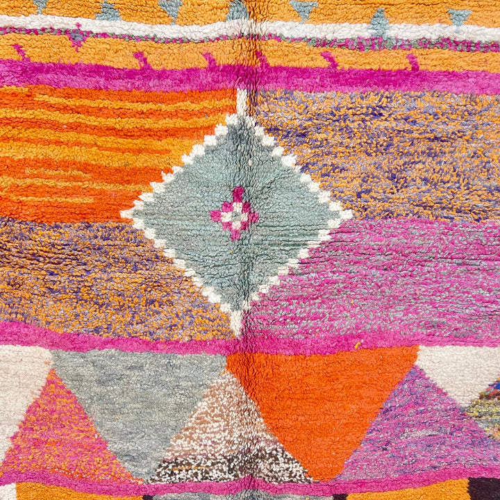 Vintage Moroccan Wool Rug 196 – handmade colorful orange, pink, and grey Berber wool rug (262 × 161 cm).