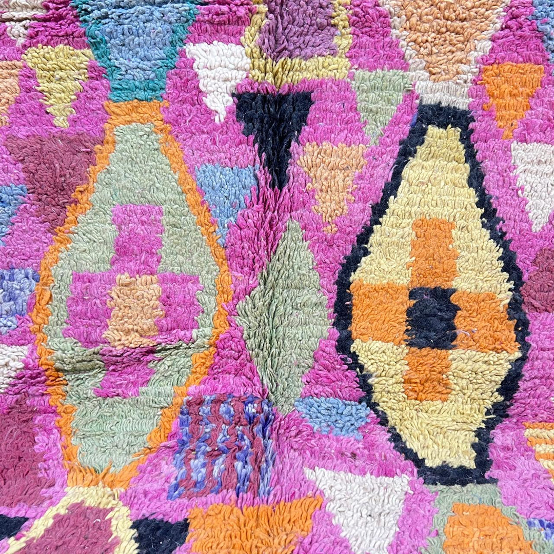 Vintage Moroccan wool rug 810 – colorful handmade Berber carpet with geometric diamond patterns in pink, mustard, green, and turquoise, 255 × 166 cm (8.36 × 5.44 ft).