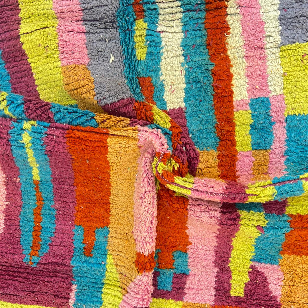 Vintage Moroccan Wool Rug 188 – handmade colorful abstract Berber wool rug with magenta, yellow, and turquoise tones (243 × 148 cm).