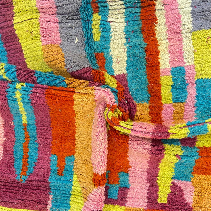 Vintage Moroccan Wool Rug 188 – handmade colorful abstract Berber wool rug with magenta, yellow, and turquoise tones (243 × 148 cm).