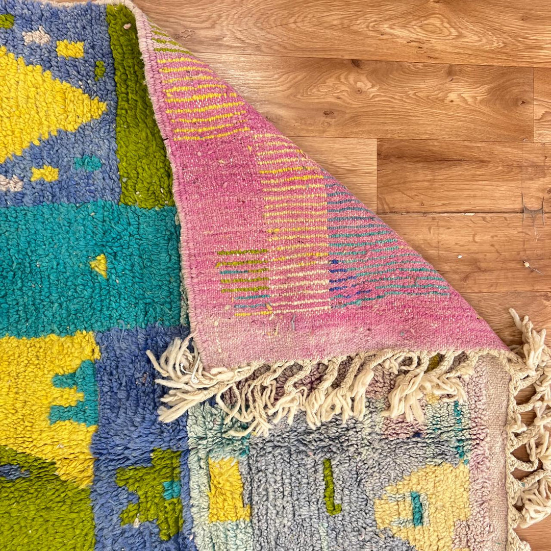 Vintage Moroccan Wool Rug 167 – handmade geometric wool rug in teal, yellow, and lilac tones (245 × 159 cm).