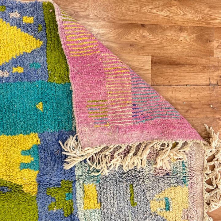 Vintage Moroccan Wool Rug 167 – handmade geometric wool rug in teal, yellow, and lilac tones (245 × 159 cm).
