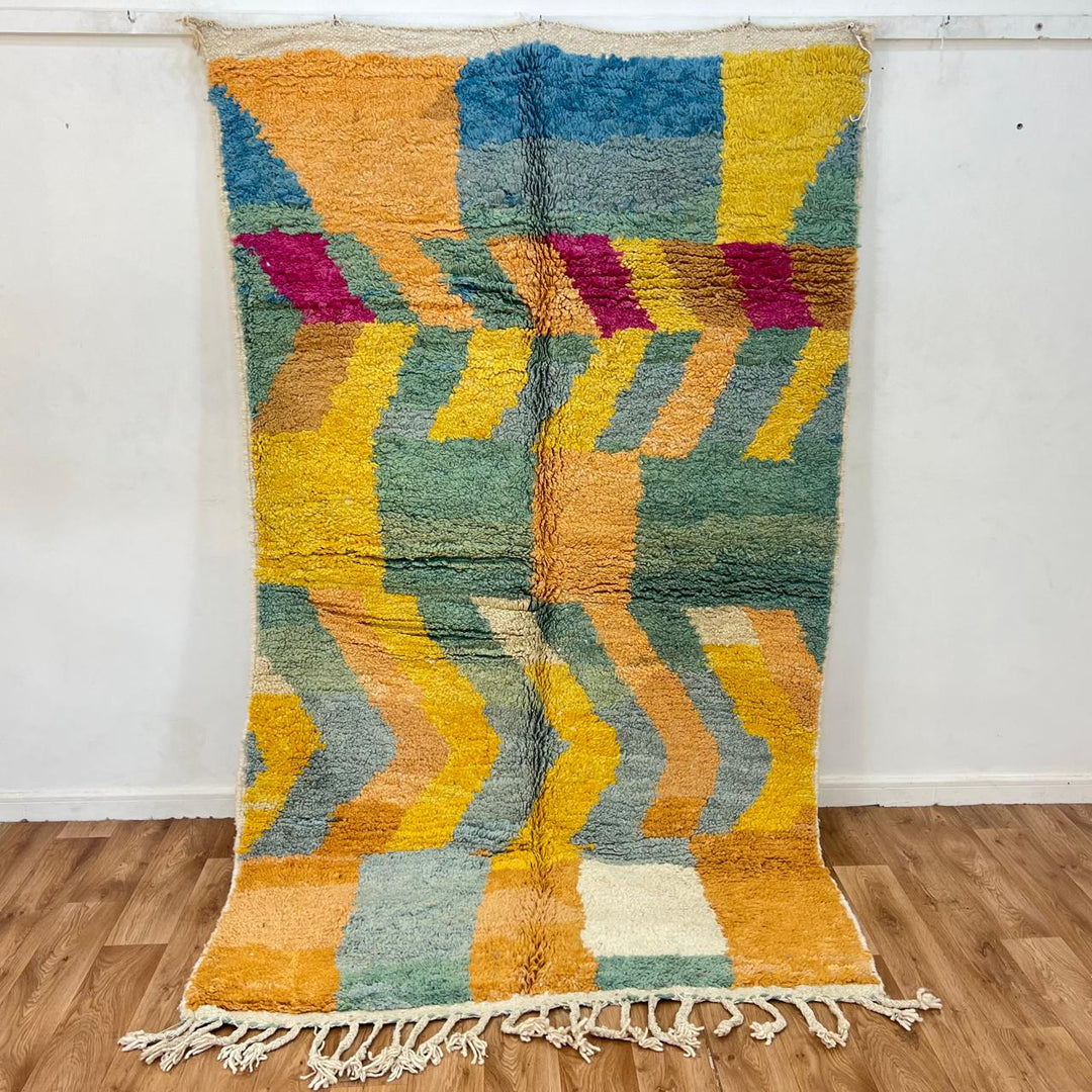 Vintage Moroccan Wool Rug 163 – handmade yellow, teal, and orange geometric Moroccan wool rug (253 × 152 cm).