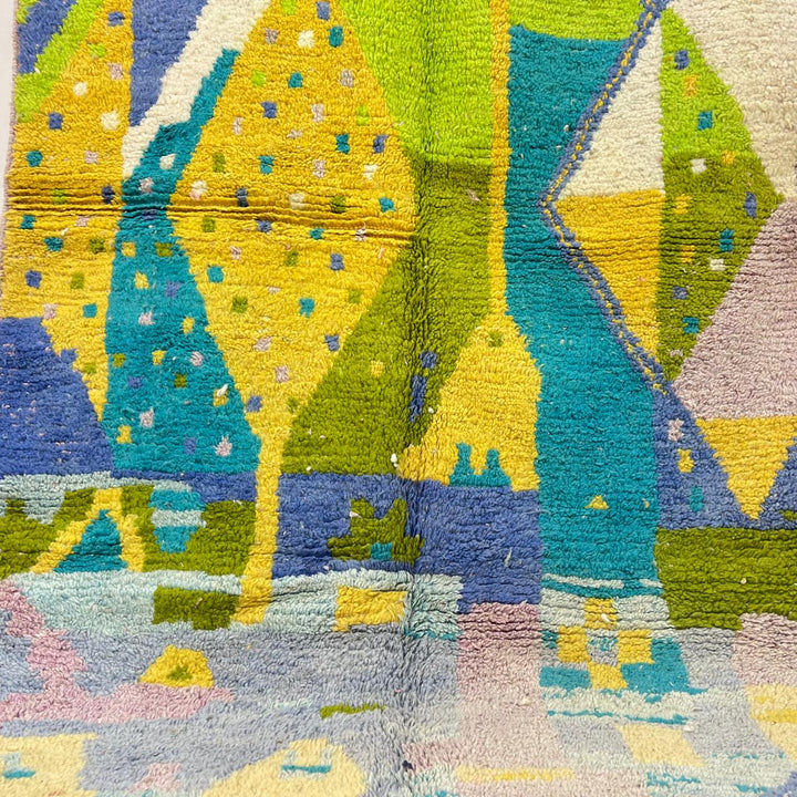 Vintage Moroccan Wool Rug 167 – handmade geometric wool rug in teal, yellow, and lilac tones (245 × 159 cm).