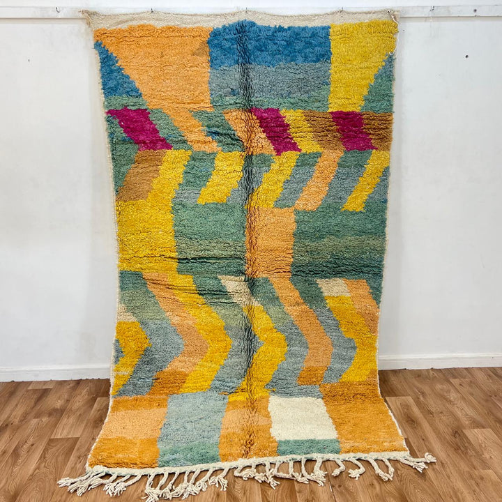 Vintage Moroccan Wool Rug 163 – handmade yellow, teal, and orange geometric Moroccan wool rug (253 × 152 cm).