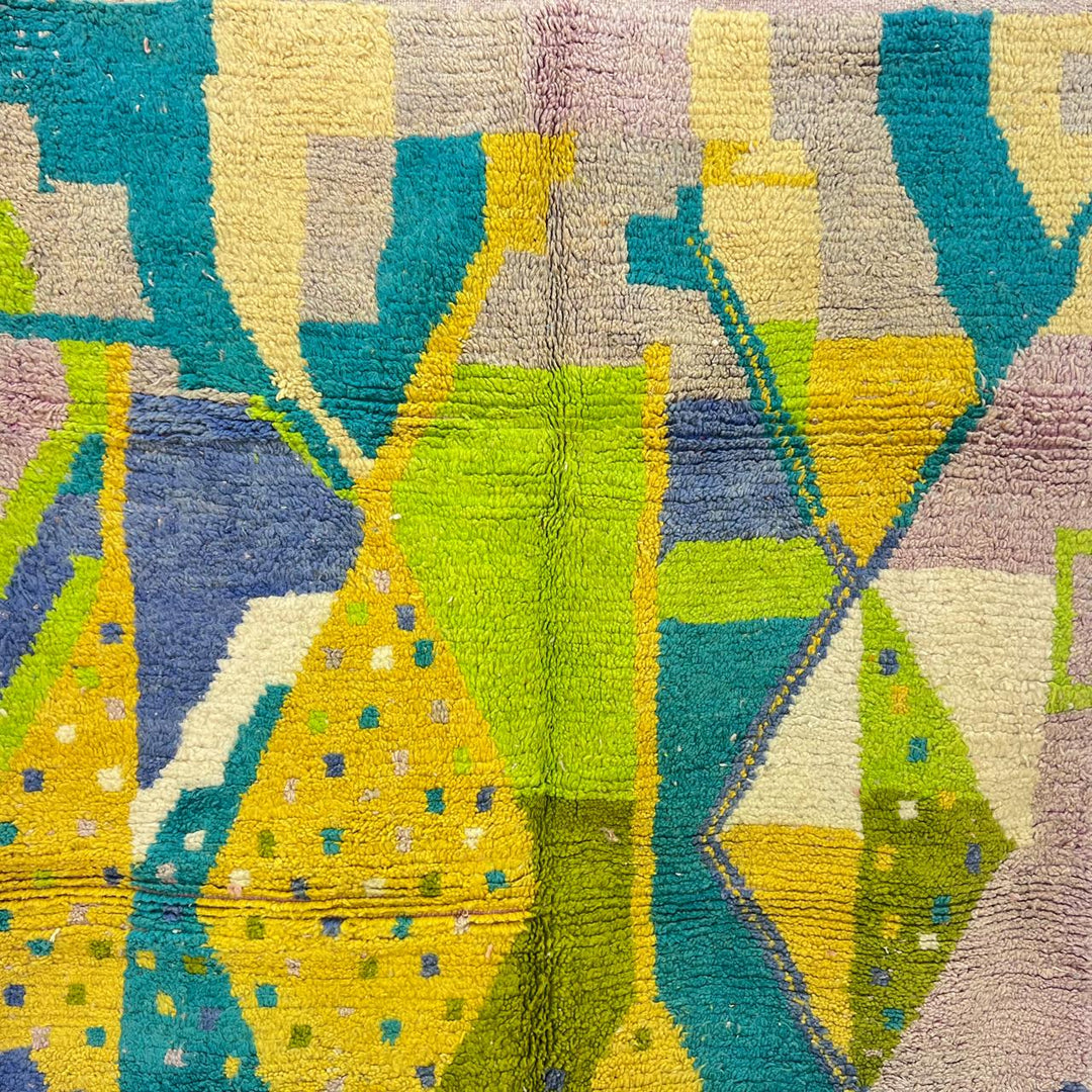 Vintage Moroccan Wool Rug 167 – handmade geometric wool rug in teal, yellow, and lilac tones (245 × 159 cm).