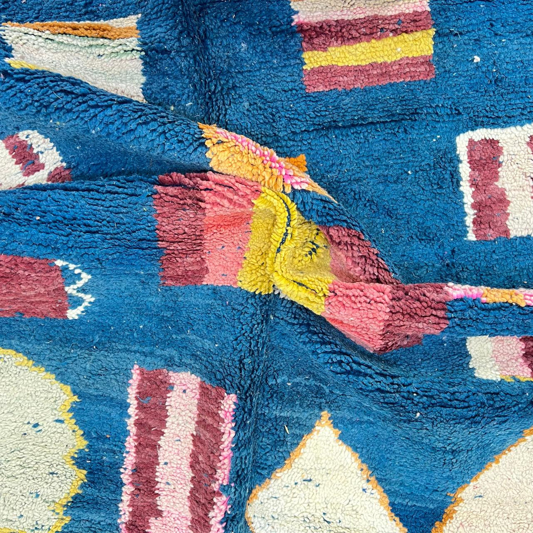 Vintage Moroccan wool rug 263 – handmade blue geometric Berber design with mustard and ivory accents (253 × 157 cm).