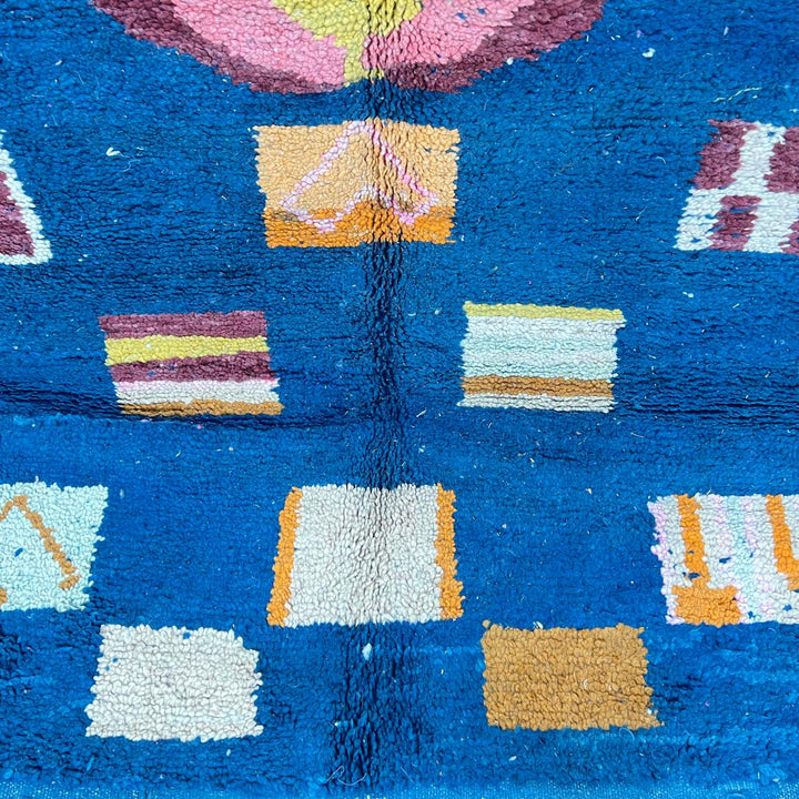 Vintage Moroccan wool rug 263 – handmade blue geometric Berber design with mustard and ivory accents (253 × 157 cm).