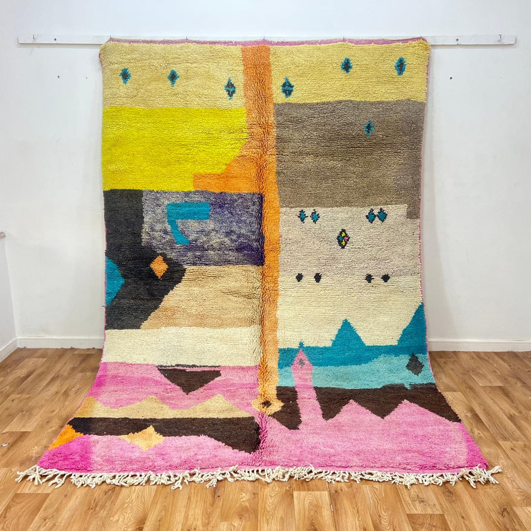 Vintage Moroccan wool rug 842 – handmade Berber carpet in multicolor abstract design with pink, yellow, turquoise, and cream tones (296 × 200 cm).
