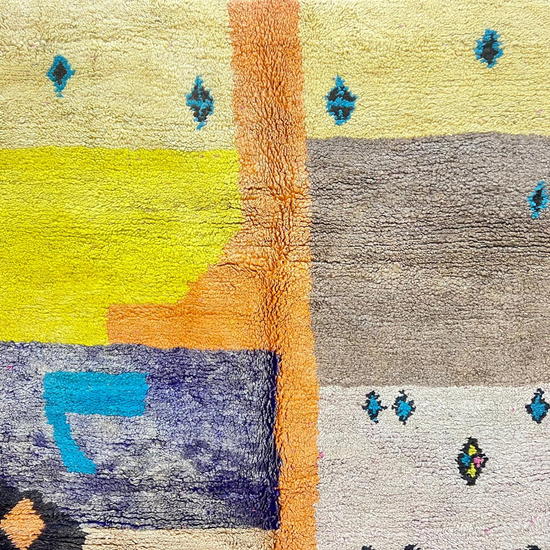 Vintage Moroccan wool rug 842 – handmade Berber carpet in multicolor abstract design with pink, yellow, turquoise, and cream tones (296 × 200 cm).