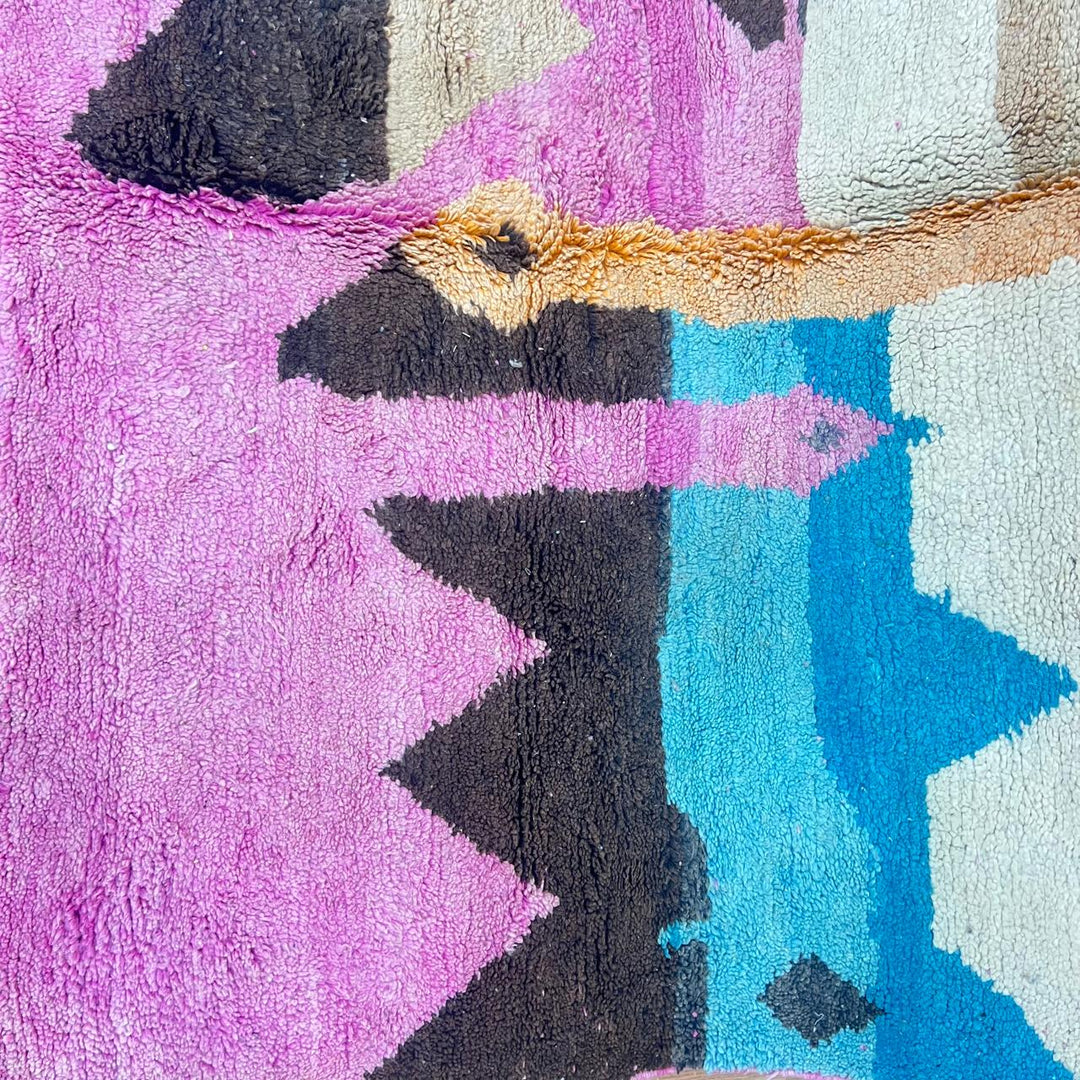 Vintage Moroccan wool rug 842 – handmade Berber carpet in multicolor abstract design with pink, yellow, turquoise, and cream tones (296 × 200 cm).
