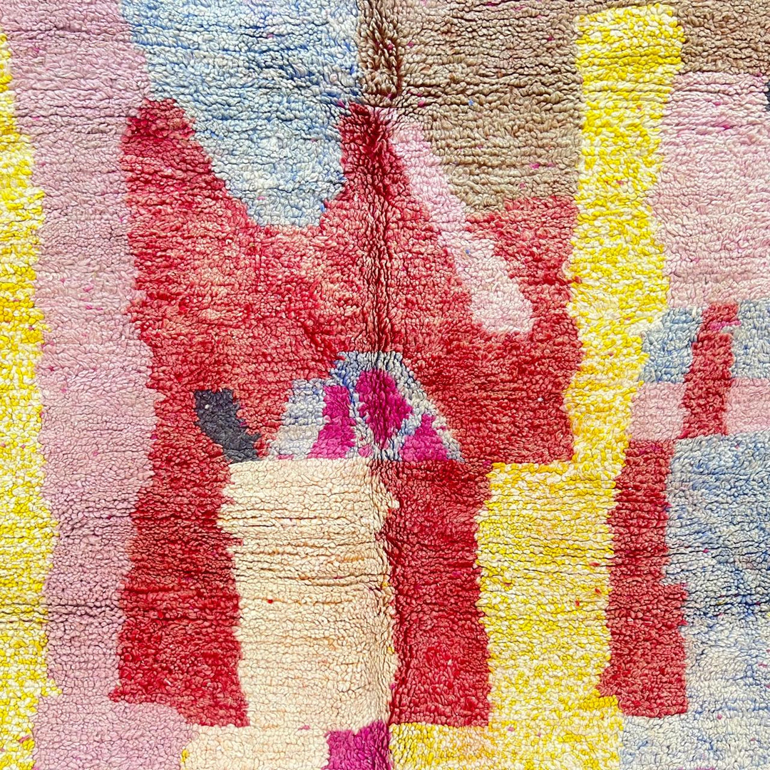 Vintage Moroccan wool rug 916 – handmade Berber rug with colorful abstract design in yellow, pink, and red tones (314 × 200 cm).