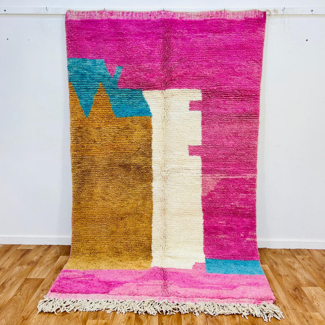 Vintage Moroccan rug handmade from wool with pink camel ivory color block design, 261x157 cm