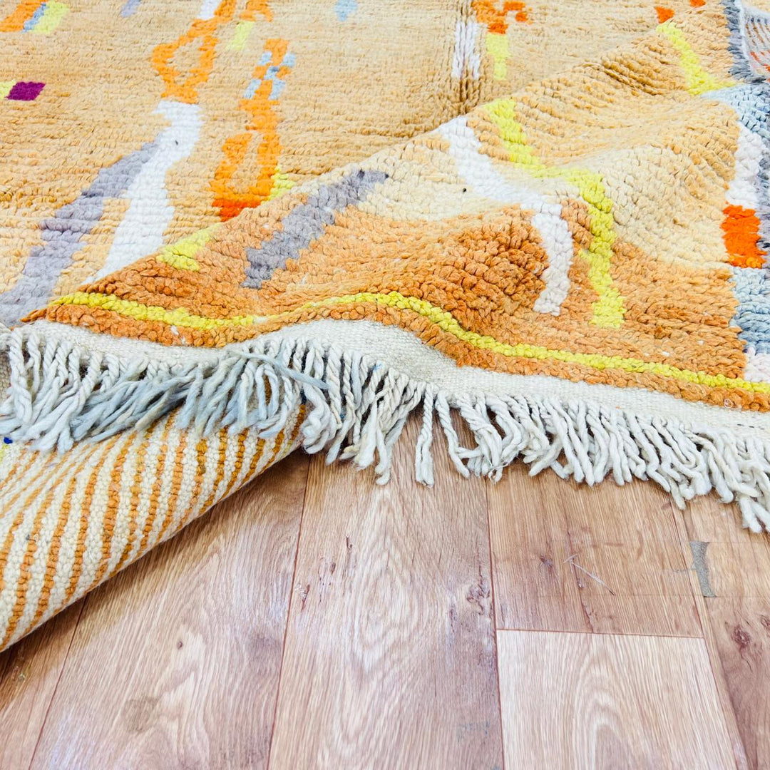 Vintage Moroccan wool rug with beige, orange and yellow abstract Berber pattern