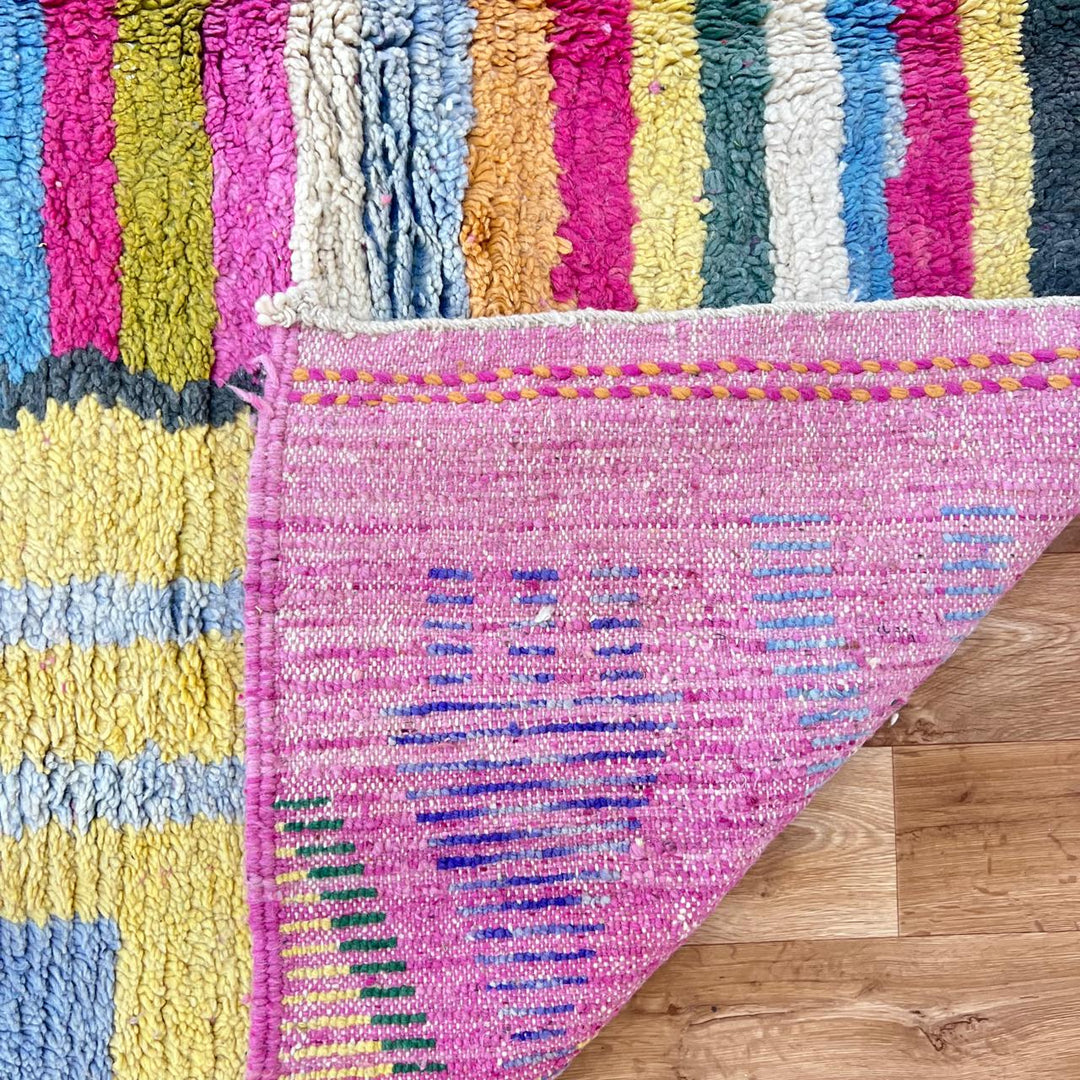 Vintage Moroccan wool rug 840 – handmade pink and yellow Berber carpet with geometric and abstract motifs (295 × 203 cm / 9.68 × 6.66 ft).
