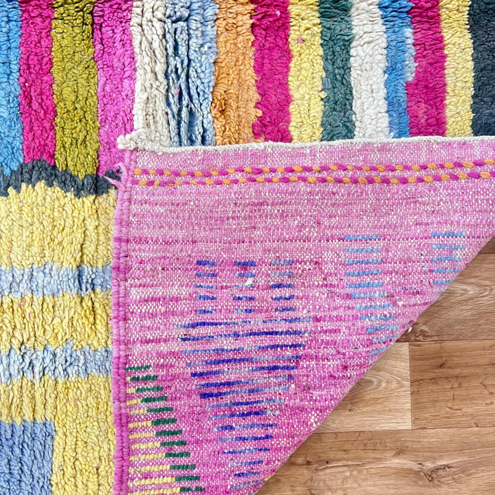 Vintage Moroccan wool rug 840 – handmade pink and yellow Berber carpet with geometric and abstract motifs (295 × 203 cm / 9.68 × 6.66 ft).