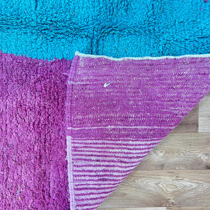 Vintage Moroccan wool rug 758 – handmade color block Berber carpet with yellow, turquoise, orange, and magenta tones (251 × 154 cm / 8.23 × 5.05 ft).