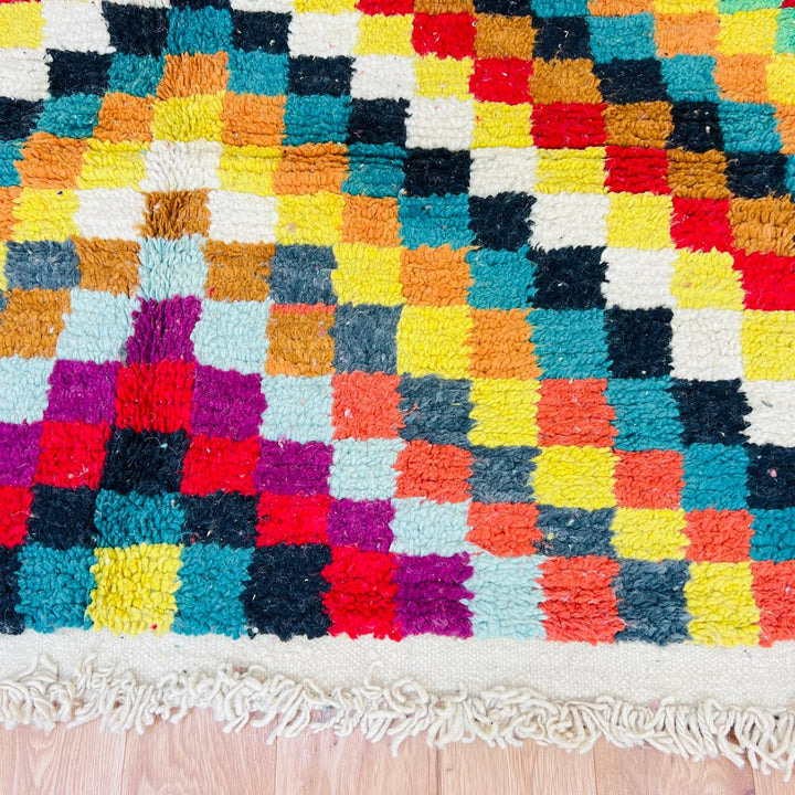 Vintage Moroccan checkered wool rug with colorful geometric squares, handmade Berber rug from Morocco, 280 x 157 cm
