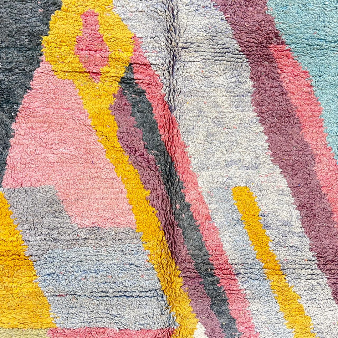 Vintage Moroccan wool rug 875 – handmade colorful Berber carpet with geometric shapes in pink, yellow, and turquoise (300 × 198 cm / 9.84 × 6.5 ft).