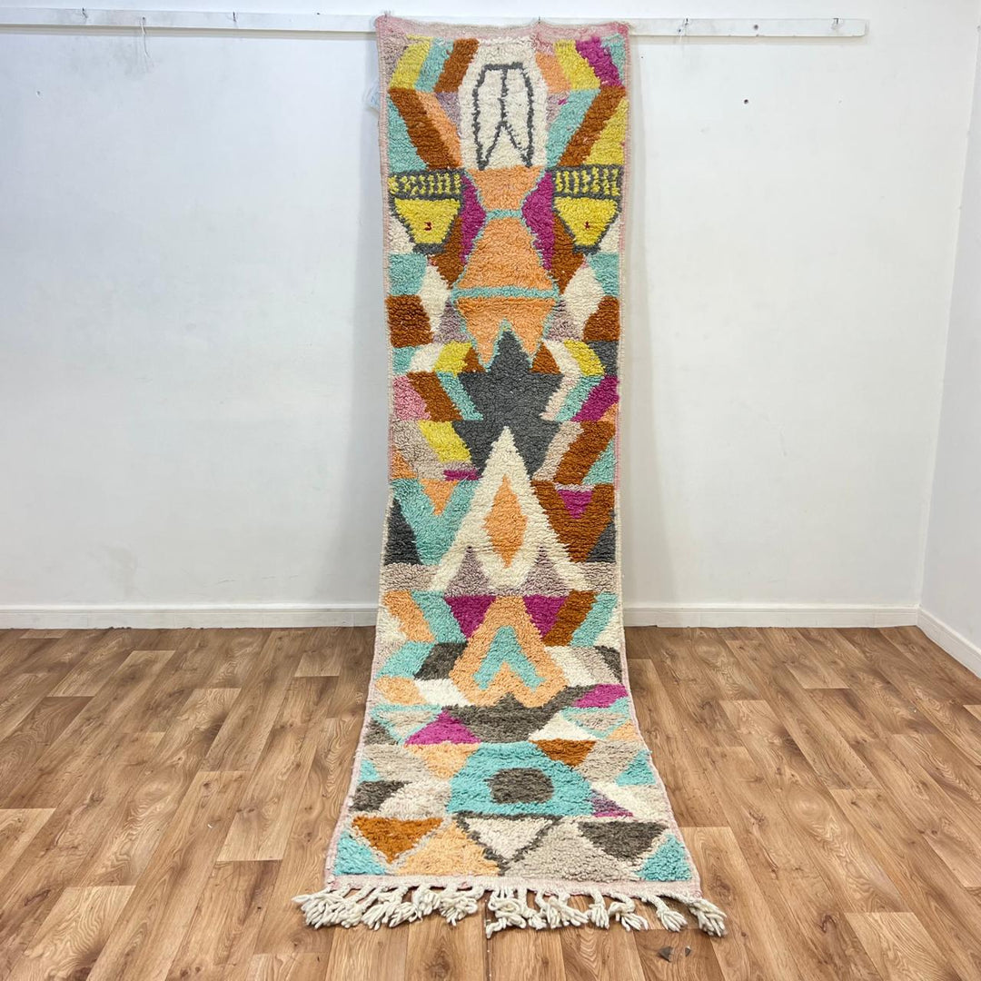 Vintage Moroccan wool runner rug 778 – colorful handmade Berber carpet in orange, teal, and fuchsia geometric pattern, 306 × 78 cm (10.03 × 2.56 ft).