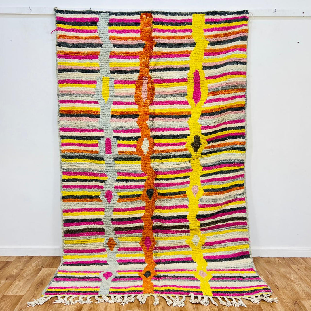 Vintage Moroccan striped wool rug with colorful geometric stripes, handmade Berber carpet 243x157 cm