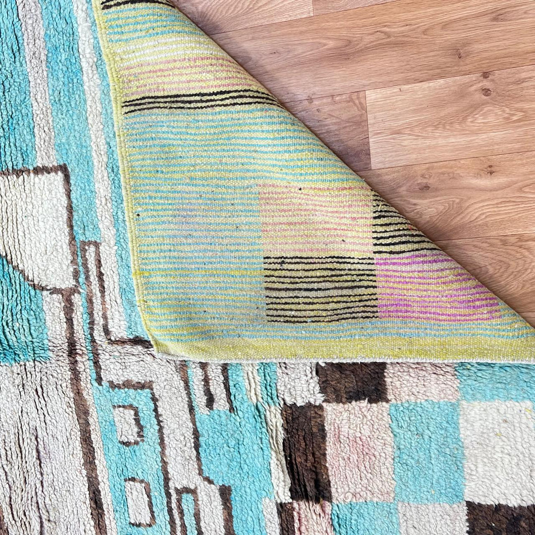 Vintage Moroccan Wool Rug – Aqua Blue &amp; Cream Geometric Design 748