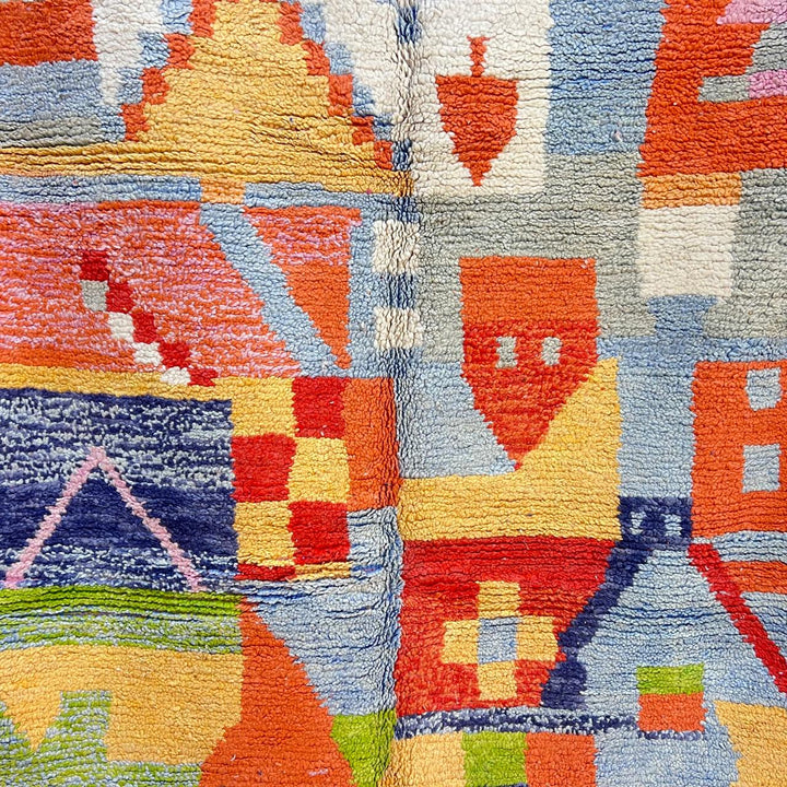 Vintage Moroccan wool rug 769 – handmade colorful abstract Berber carpet in orange, yellow and pink (262 × 156 cm / 8.59 × 5.11 ft).