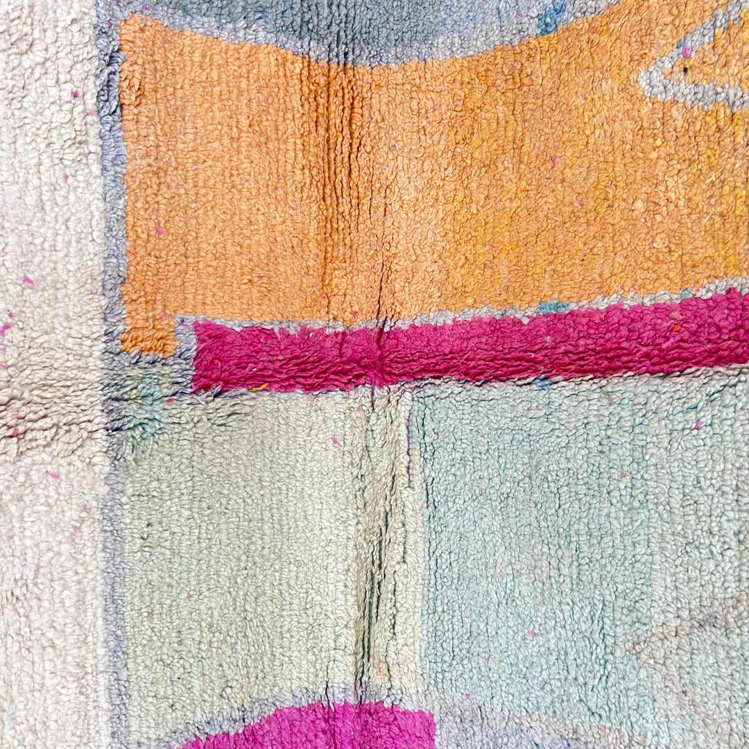 Vintage Moroccan wool rug 732 – handmade pink and mustard Berber carpet with geometric color block design (258 × 155 cm / 8.46 × 5.08 ft).