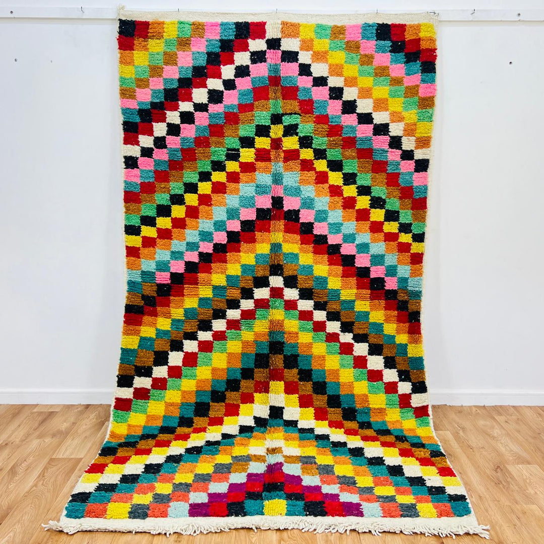Vintage Moroccan checkered wool rug with colorful geometric squares, handmade Berber rug from Morocco, 280 x 157 cm