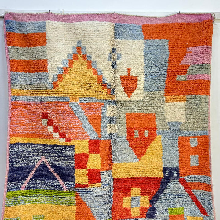 Vintage Moroccan wool rug 769 – handmade colorful abstract Berber carpet in orange, yellow and pink (262 × 156 cm / 8.59 × 5.11 ft).