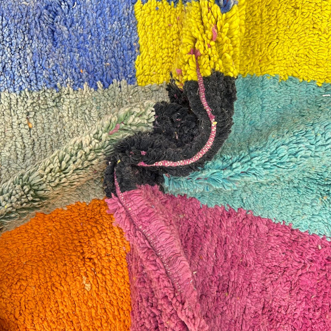 Vintage Moroccan wool rug 758 – handmade color block Berber carpet with yellow, turquoise, orange, and magenta tones (251 × 154 cm / 8.23 × 5.05 ft).