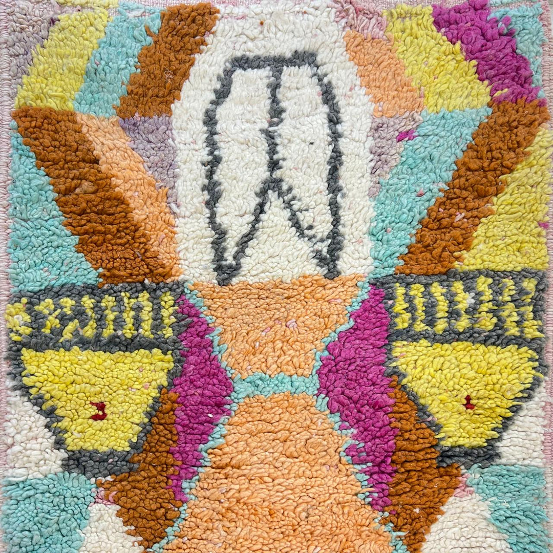 Vintage Moroccan wool runner rug 778 – colorful handmade Berber carpet in orange, teal, and fuchsia geometric pattern, 306 × 78 cm (10.03 × 2.56 ft).