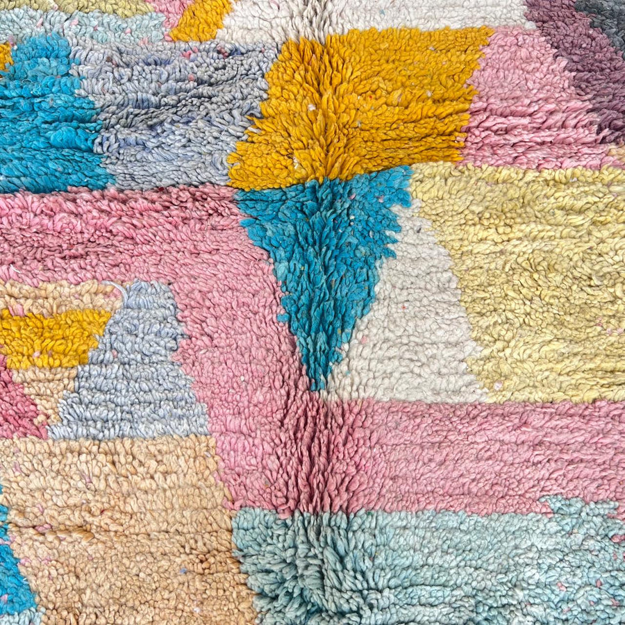 Vintage Moroccan wool rug 875 – handmade colorful Berber carpet with geometric shapes in pink, yellow, and turquoise (300 × 198 cm / 9.84 × 6.5 ft).