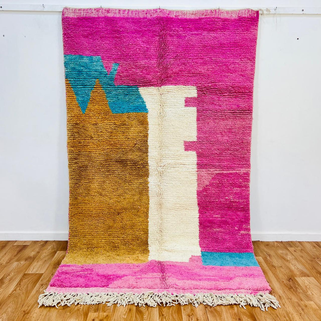 Vintage Moroccan rug handmade from wool with pink camel ivory color block design, 261x157 cm