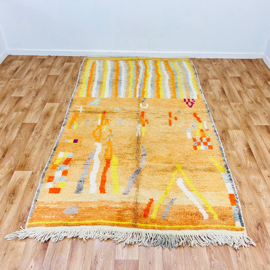 Vintage Moroccan wool rug with beige, orange and yellow abstract Berber pattern