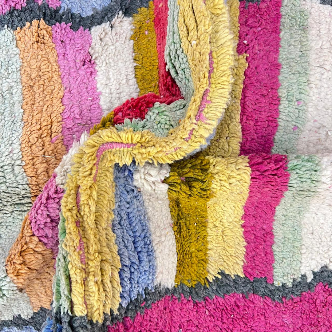 Vintage Moroccan wool rug 840 – handmade pink and yellow Berber carpet with geometric and abstract motifs (295 × 203 cm / 9.68 × 6.66 ft).