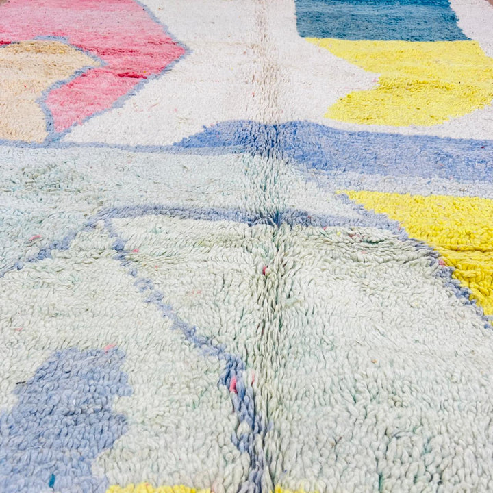 Vintage Moroccan wool rug with abstract color block design in ivory, pink, blue, yellow and charcoal, handmade Berber rug from Morocco