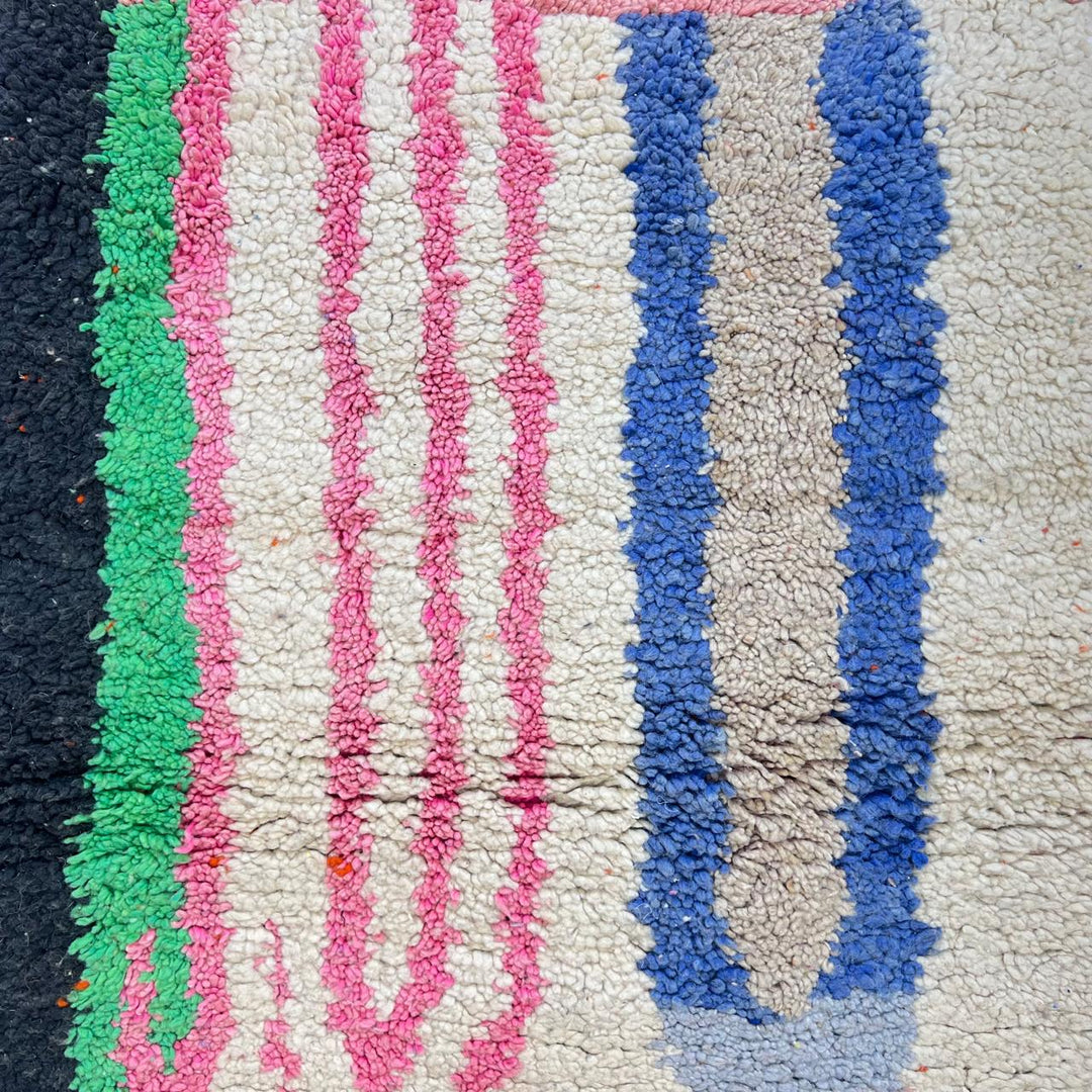 Vintage Moroccan runner rug 777 – handmade colorful wool Berber carpet with green, yellow, and pink patterns (284 × 85 cm / 9.32 × 2.78 ft).