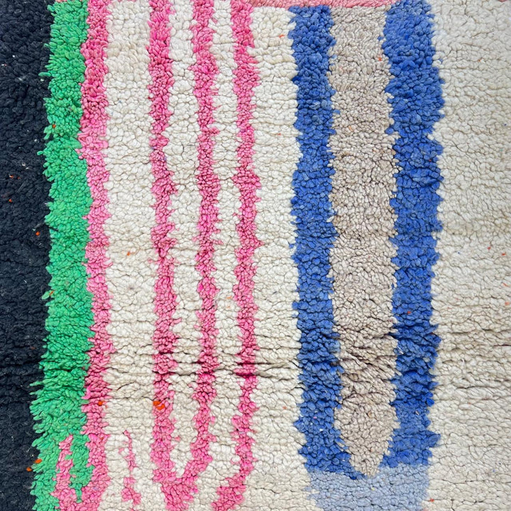 Vintage Moroccan runner rug 777 – handmade colorful wool Berber carpet with green, yellow, and pink patterns (284 × 85 cm / 9.32 × 2.78 ft).