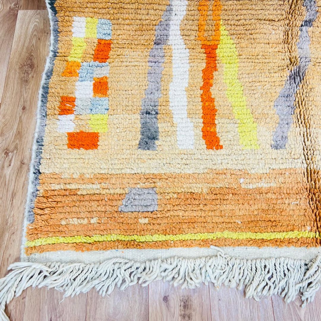 Vintage Moroccan wool rug with beige, orange and yellow abstract Berber pattern